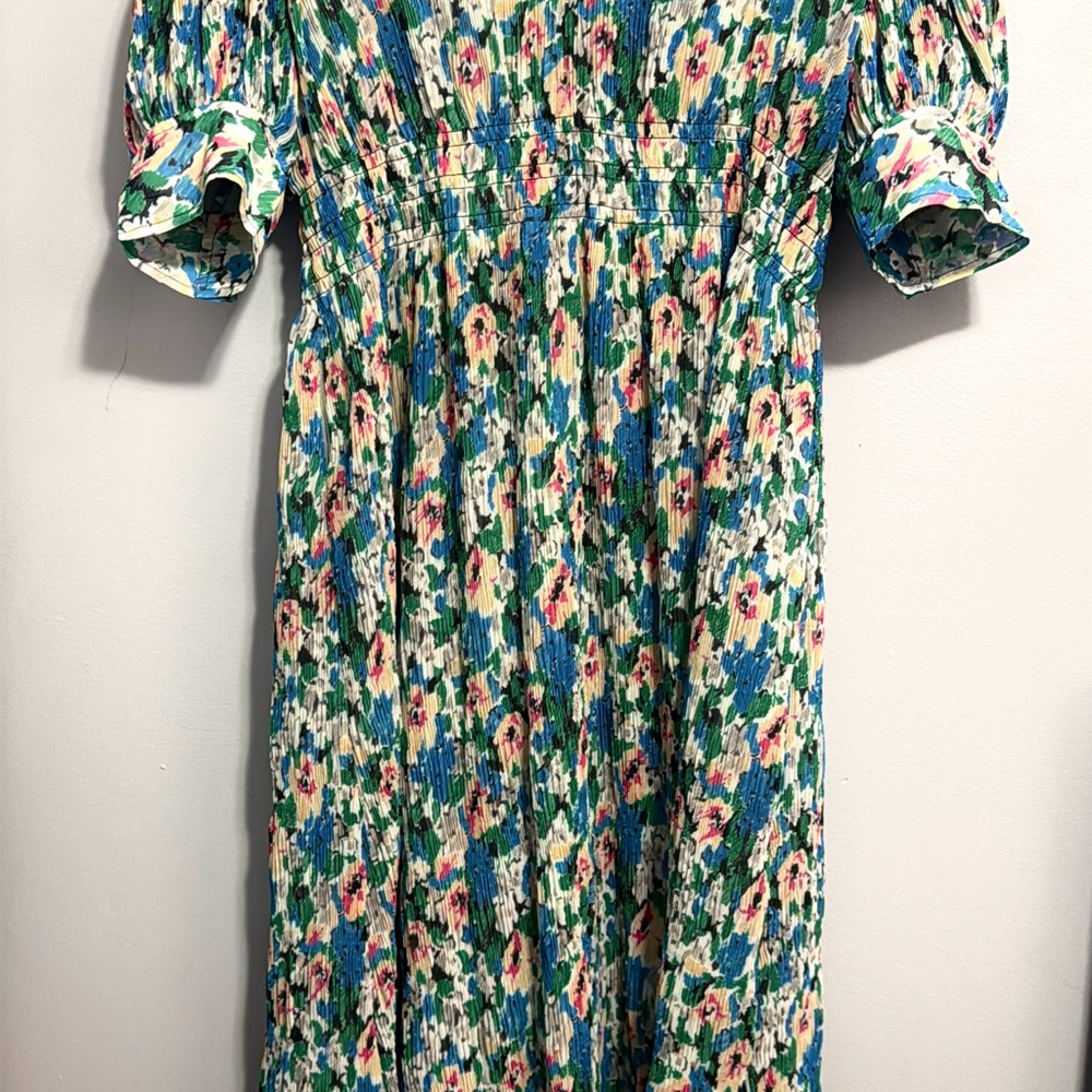 GANNI Pleated Georgette V-Neck Smock Midi Dress Floral Azure Blue Size 36 (M)